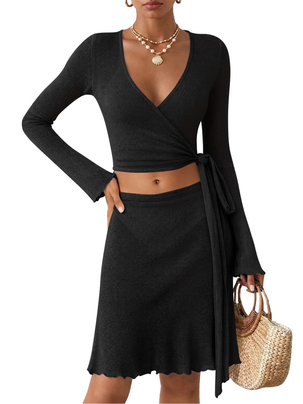 Bathing Suit Cover Up Sheer Wrap Tie Crop Top Mini Skirt Set Bikini Cover Beach